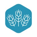 Cereals icon. Agricultural plant. White spikelets on a blue hexagon.